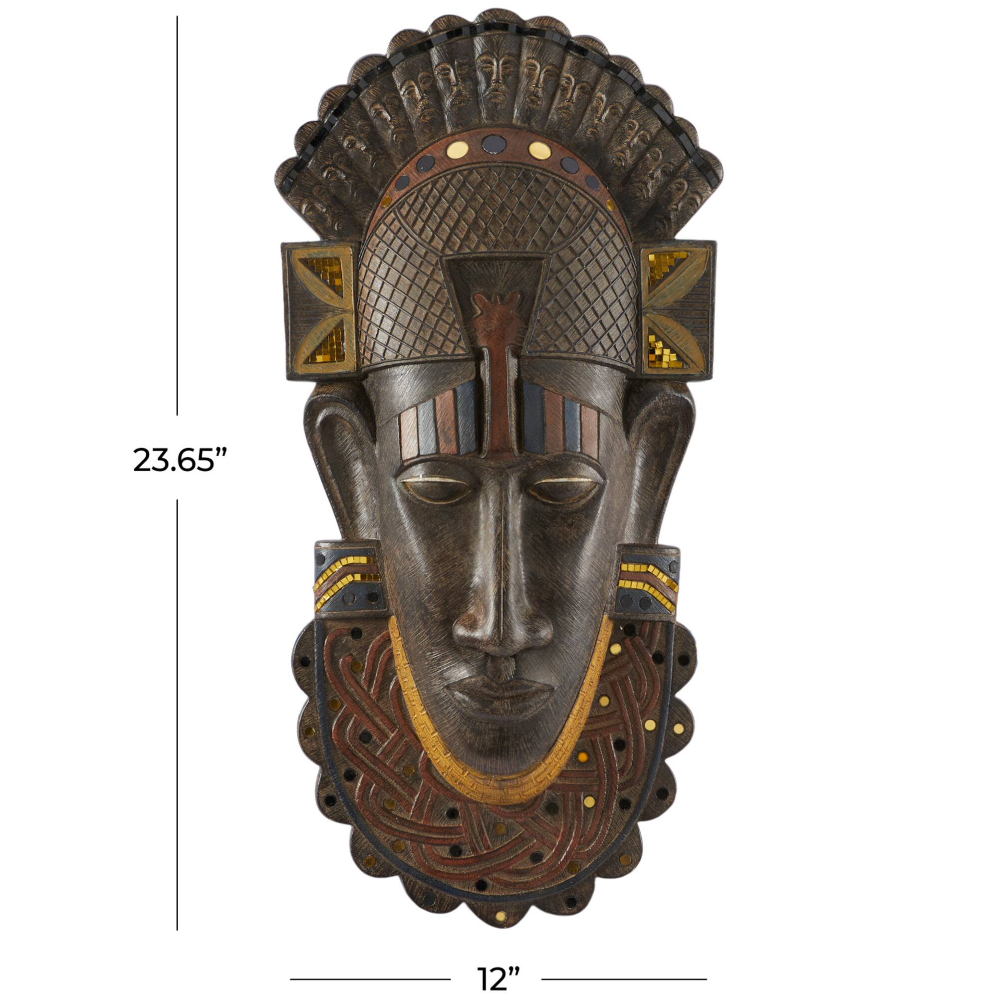 Brown Polystone Primitive African Mask Sculpture 12" x 4" x 24"
